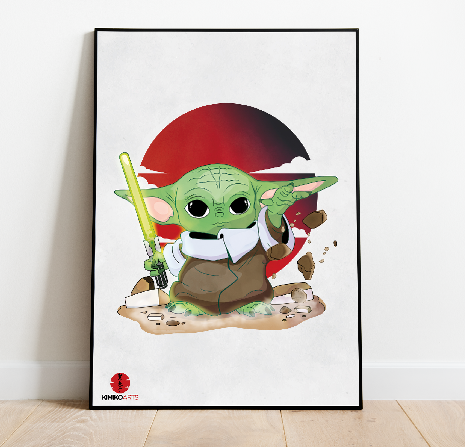 Grogu von Mandalorian mit seinem grünen Laserschwert mit roter Sonne im Hintergrund